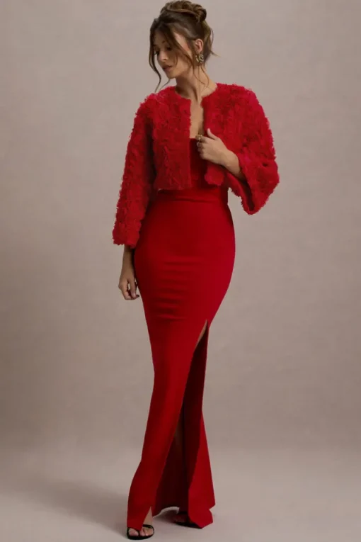 Tulip Twirl | Red Mesh Floral Cropped Jacket