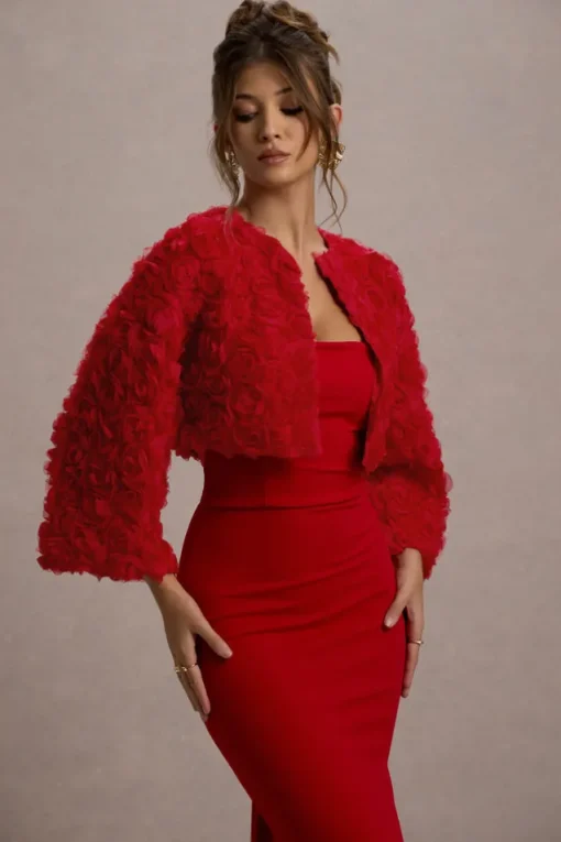 Tulip Twirl | Red Mesh Floral Cropped Jacket