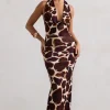 Tulum | Giraffe Print Cowl-Neck Gathered Split Maxi Dress
