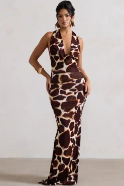 Tulum | Giraffe Print Cowl-Neck Gathered Split Maxi Dress
