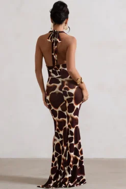 Tulum | Giraffe Print Cowl-Neck Gathered Split Maxi Dress