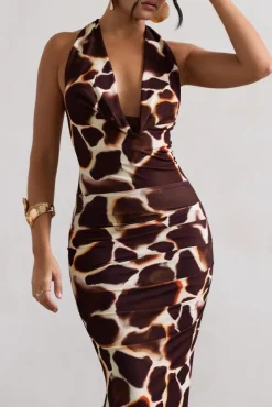 Tulum | Giraffe Print Cowl-Neck Gathered Split Maxi Dress