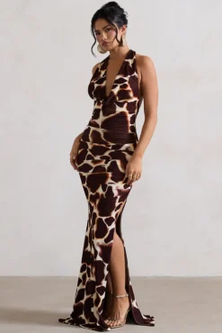 Tulum | Giraffe Print Cowl-Neck Gathered Split Maxi Dress