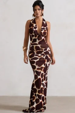 Tulum | Giraffe Print Cowl-Neck Gathered Split Maxi Dress