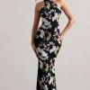 Tuscany | Black Floral Print Halter-Neck Split Maxi Dress