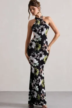 Tuscany | Black Floral Print Halter-Neck Split Maxi Dress