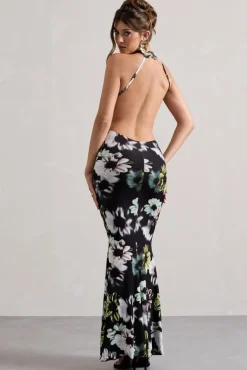 Tuscany | Black Floral Print Halter-Neck Split Maxi Dress