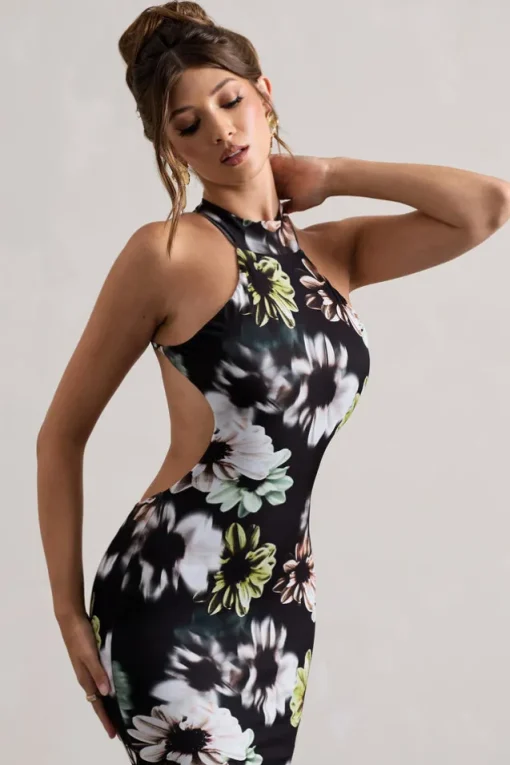 Tuscany | Black Floral Print Halter-Neck Split Maxi Dress
