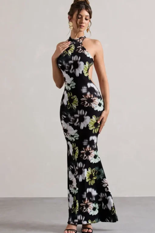 Tuscany | Black Floral Print Halter-Neck Split Maxi Dress