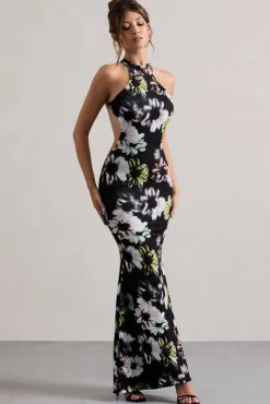 Tuscany | Black Floral Print Halter-Neck Split Maxi Dress