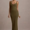 Twist Of Fate | Khaki Green Twist-Neck Maxi Dress