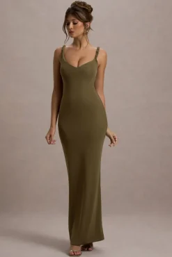 Twist Of Fate | Khaki Green Twist-Neck Maxi Dress