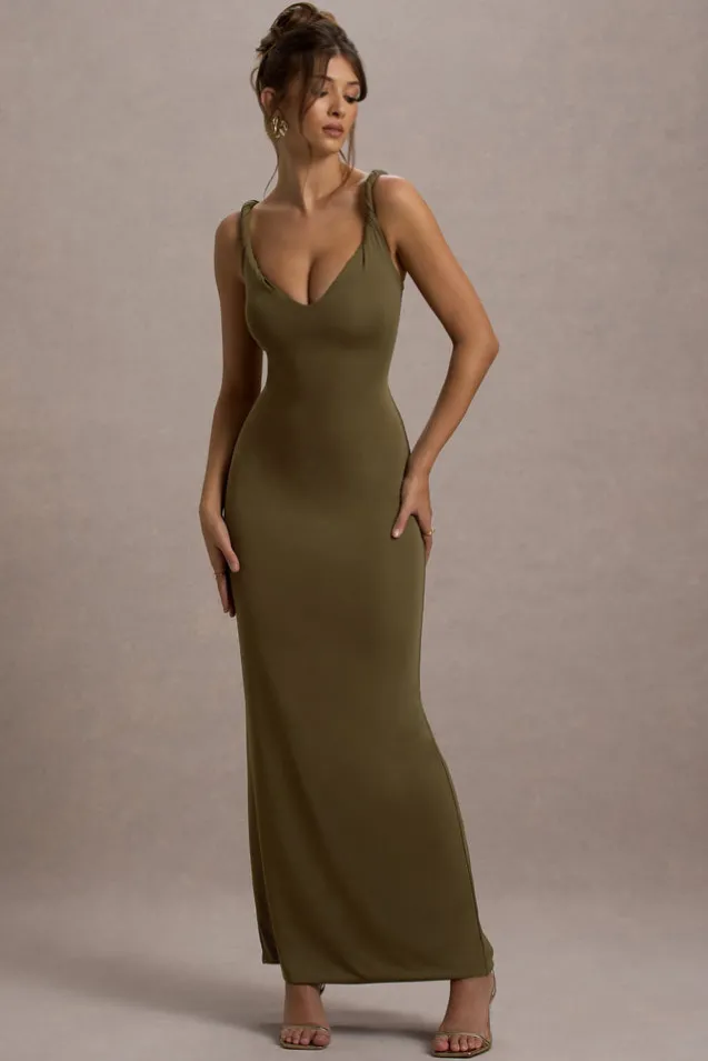 Twist Of Fate | Khaki Green Twist-Neck Maxi Dress