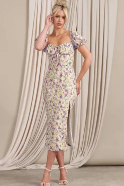 Two Scoops | Yellow Floral Puff-Sleeved Corset Split Midi Dress