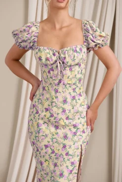 Two Scoops | Yellow Floral Puff-Sleeved Corset Split Midi Dress