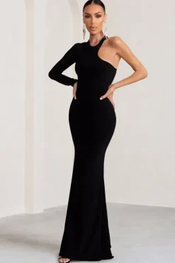 Tyra | Black Asymmetric Neck Cut Out Maxi Dress With Open Back Detail