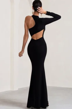 Tyra | Black Asymmetric Neck Cut Out Maxi Dress With Open Back Detail