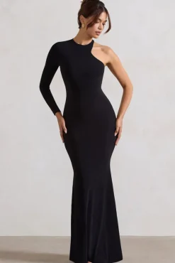 Tyra | Black Asymmetric Neck Cut Out Maxi Dress With Open Back Detail
