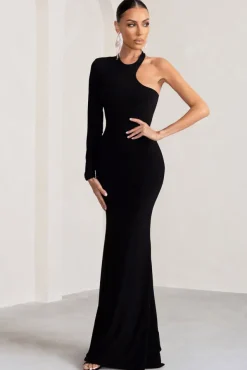 Tyra | Black Asymmetric Neck Cut Out Maxi Dress With Open Back Detail