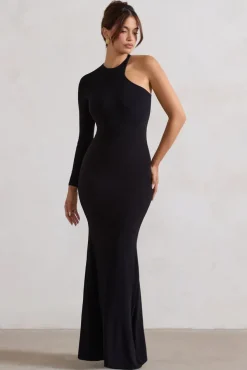 Tyra | Black Asymmetric Neck Cut Out Maxi Dress With Open Back Detail