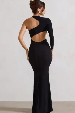 Tyra | Black Asymmetric Neck Cut Out Maxi Dress With Open Back Detail