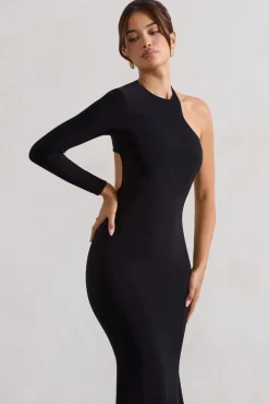 Tyra | Black Asymmetric Neck Cut Out Maxi Dress With Open Back Detail