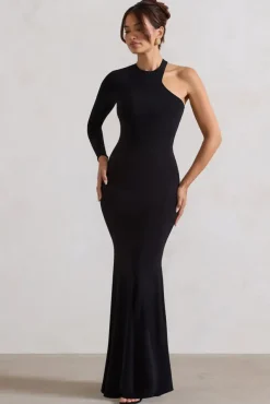 Tyra | Black Asymmetric Neck Cut Out Maxi Dress With Open Back Detail