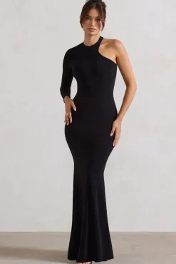 Tyra | Black Asymmetric Neck Cut Out Maxi Dress With Open Back Detail