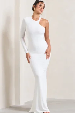 Tyra | White Asymmetric Neck Cut Out Maxi Dress With Open Back Detail