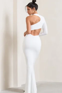 Tyra | White Asymmetric Neck Cut Out Maxi Dress With Open Back Detail