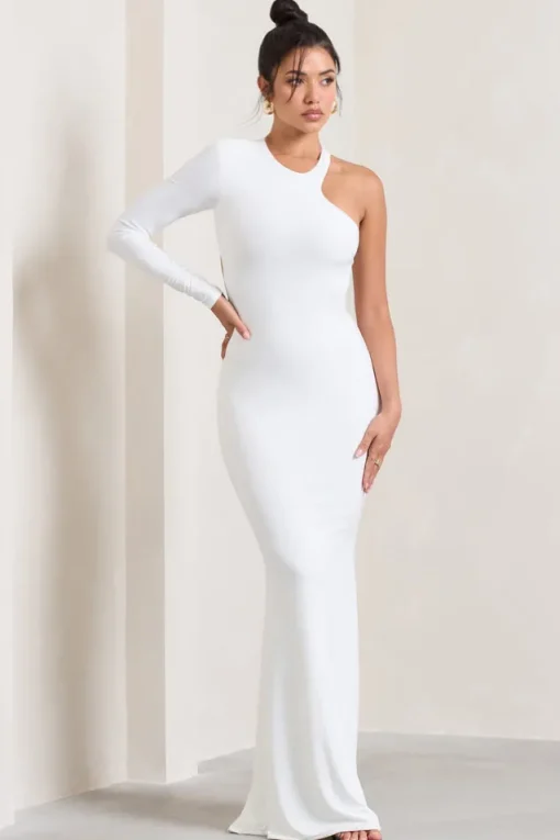 Tyra | White Asymmetric Neck Cut Out Maxi Dress With Open Back Detail