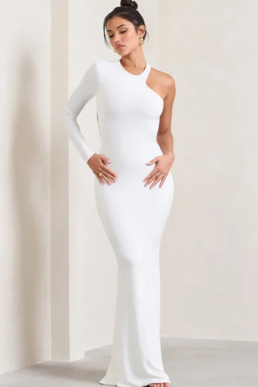 Tyra | White Asymmetric Neck Cut Out Maxi Dress With Open Back Detail