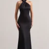 Unbeatable | Black Satin Cross Over Halter-Neck Maxi Dress
