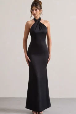 Unbeatable | Black Satin Cross Over Halter-Neck Maxi Dress