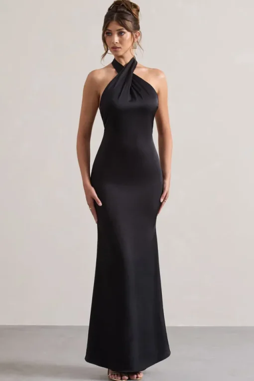 Unbeatable | Black Satin Cross Over Halter-Neck Maxi Dress