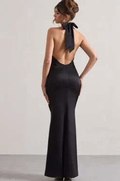 Unbeatable | Black Satin Cross Over Halter-Neck Maxi Dress