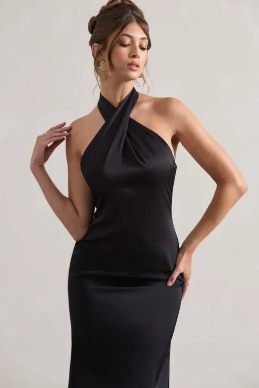 Unbeatable | Black Satin Cross Over Halter-Neck Maxi Dress
