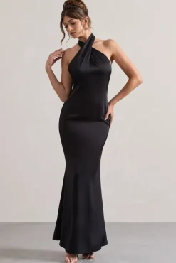 Unbeatable | Black Satin Cross Over Halter-Neck Maxi Dress