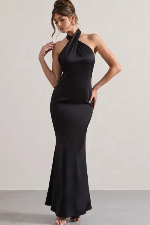 Unbeatable | Black Satin Cross Over Halter-Neck Maxi Dress