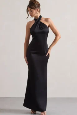 Unbeatable | Black Satin Cross Over Halter-Neck Maxi Dress