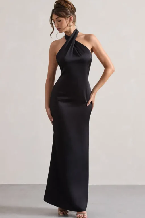 Unbeatable | Black Satin Cross Over Halter-Neck Maxi Dress