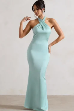 Unbeatable | Mint Green Satin Cross Over Halter-Neck Maxi Dress