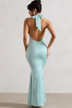 Unbeatable | Mint Green Satin Cross Over Halter-Neck Maxi Dress