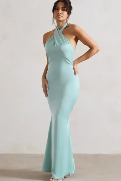 Unbeatable | Mint Green Satin Cross Over Halter-Neck Maxi Dress