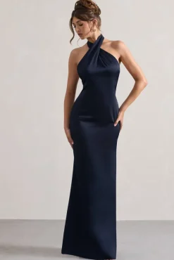 Unbeatable | Navy Satin Cross Over Halterneck Maxi Dress