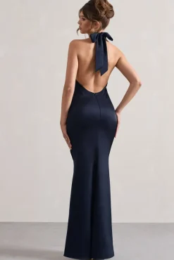Unbeatable | Navy Satin Cross Over Halterneck Maxi Dress