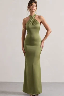 Unbeatable | Olive Satin Cross Over Halter-Neck Maxi Dress