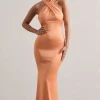Unbeatable | Peach Satin Cross Over Halter-Neck Maxi Dress