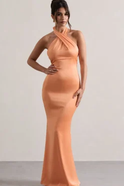 Unbeatable | Peach Satin Cross Over Halter-Neck Maxi Dress