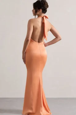 Unbeatable | Peach Satin Cross Over Halter-Neck Maxi Dress